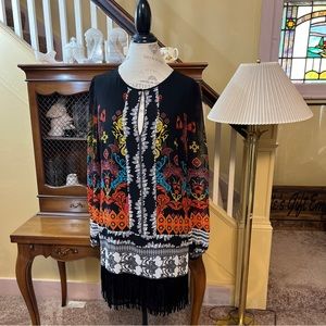 Bebe NWT Long Sleeve Faux Leather Fringe Shift Dress.